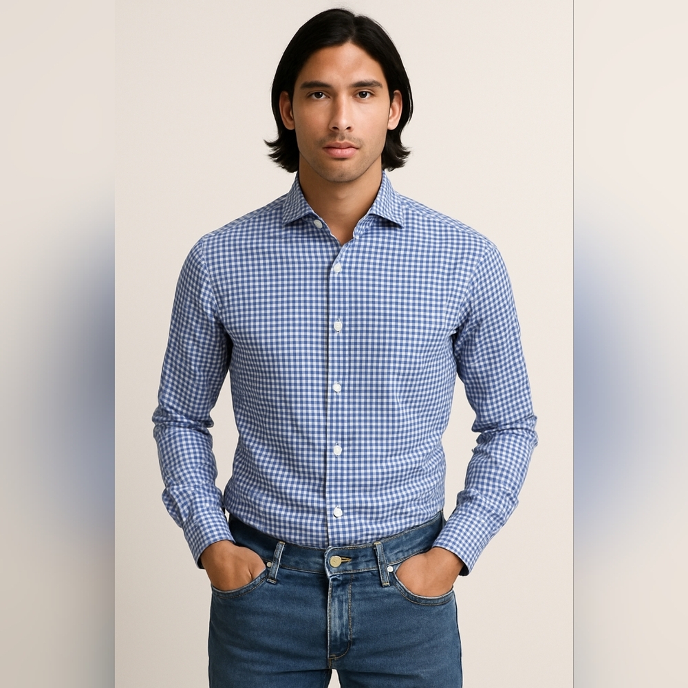 Suitsupply Linen Blue Gingham Men's Dress Shirt 40 15 3/4
